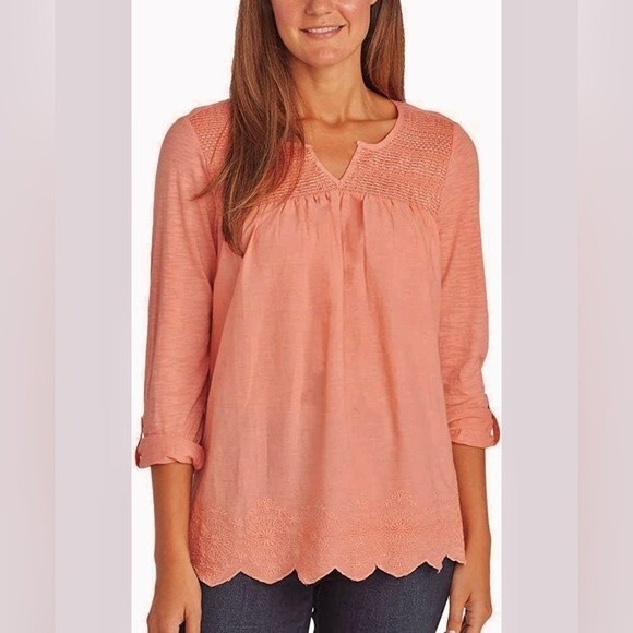 Gloria Vanderbilt pink vneck roll tab sleeve blouse size large - Picture 1 of 7